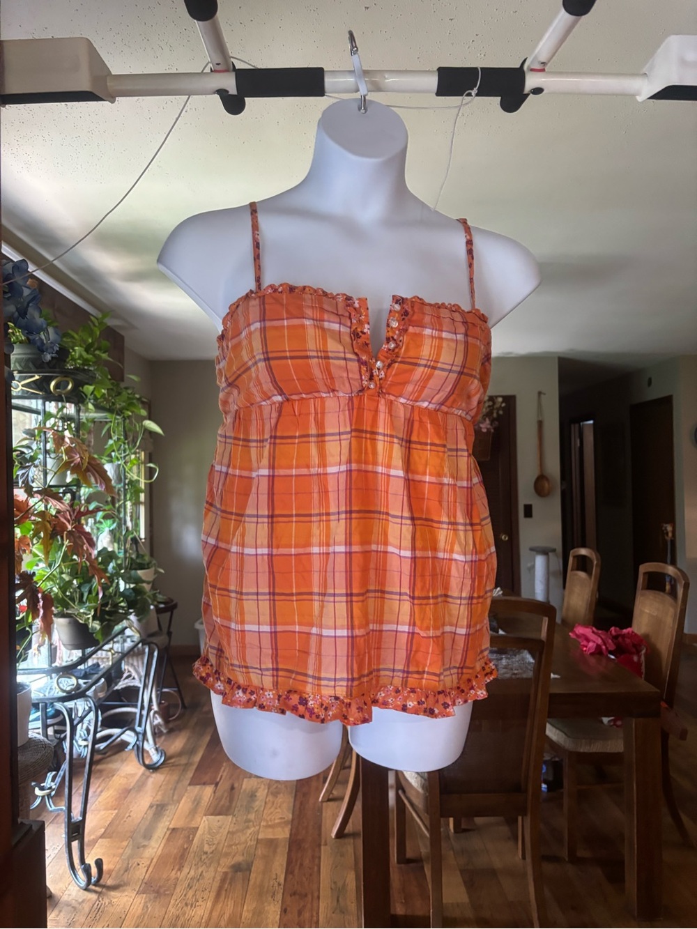 Y2K SO Women’s Orange Plaid 100% Cotton Spaghetti Strap Top with Buttons Size XL
